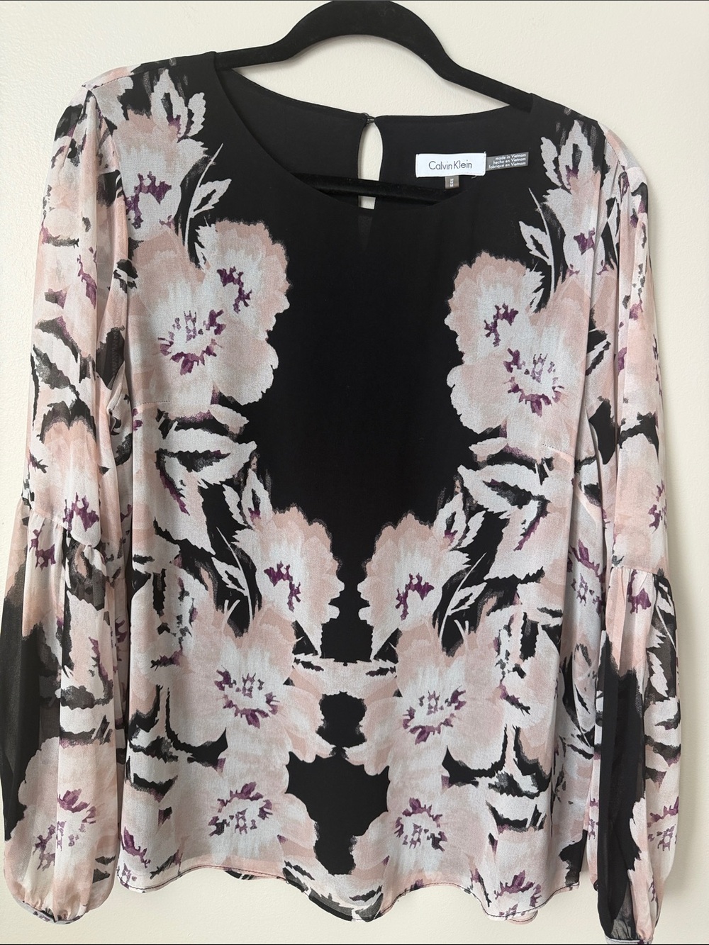 Calvin Klein Black Blouse with Soft Pink and Mauve Floral Print - Picture 3 of 11